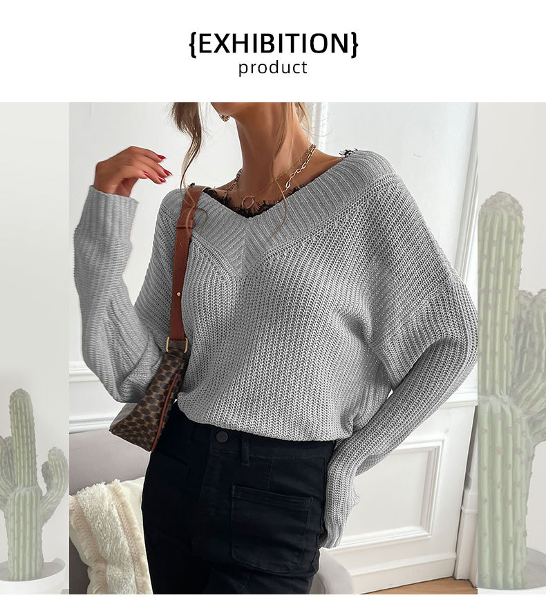 Maglione pullover lavorato a maglia con scollo a V in pizzo patchwork tinta unita_voghion.com