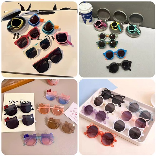 Wholesale European and American cross-border children's sun glasses, foldable sunglasses, UV protection children's sunglasses, logo customization available.
