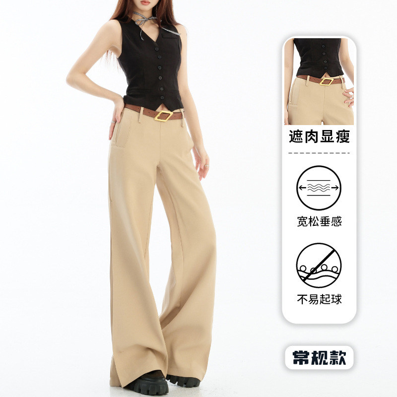 女性用のドレープ感のある黒のパンツ、夏用のローウエストV字型のゆったりとしたスリムなアメリカンスタイルのカジュアルパンツ|undefined