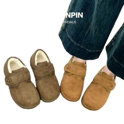French velvet warm velcro Birken shoes for women, flat, bean-bean, all-matching, flat, slip-on wool cotton shoes