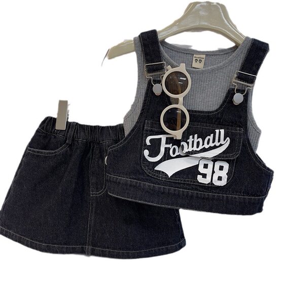 2024 Korean Style New Girls' Vest suit Summer Sleeveless Letter Printed Denim Culottes Two-Piece Set Fashionable Hair