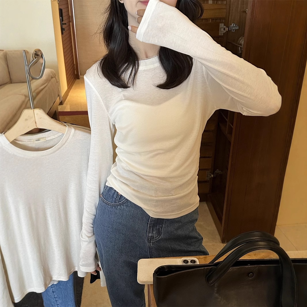 El limón, té verde de limón, 20% de lana, lana de seda simple, delgada, camiseta de manga larga, camiseta de mujer.