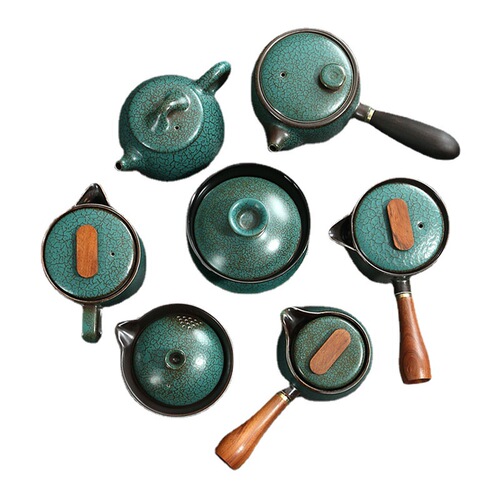 Japanese kiln green glaze teapot household retro side pot cover bowl ceramic Kung Fu tea set household teapot single pot