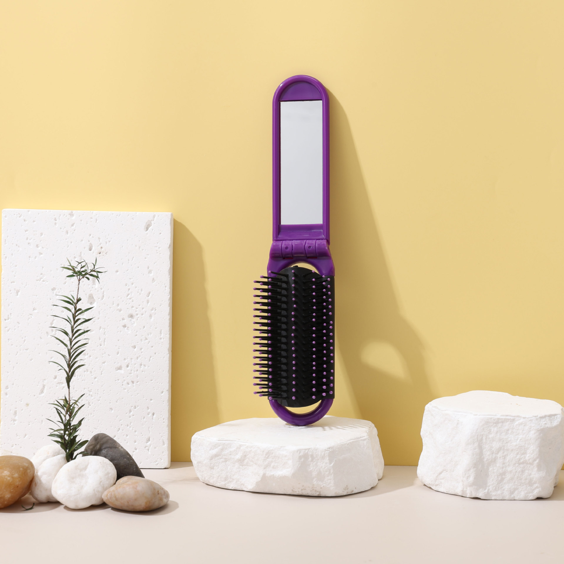 Shunfa plegable espejo peine de plástico de viaje portátil plegable airbag peine portátil espejo cosmético de doble uso integrado espejo peine