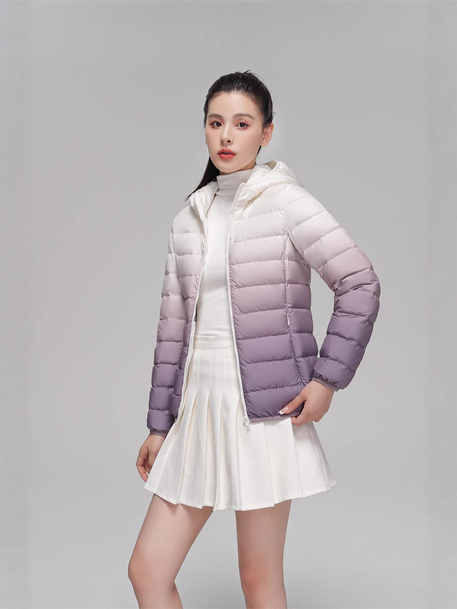 Transfronterizo Tik Tok otoño y invierno nuevo 90 camisa de plumón ligera cuello con capuchón de color gradiente de gran tamaño blanco