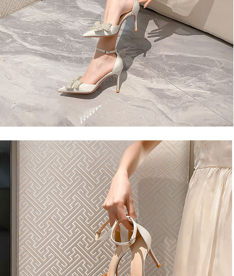 Z-52 Fiocco con diamanti Fata Bianco a punta alta Tacco sottile Singolo raso damigella d'onore Scarpe da sposa Sandali temperamento_voghion.com