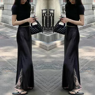 法式高级感蕾丝拼接黑色半身裙女夏季薄款新款高腰显瘦中长包臂裙