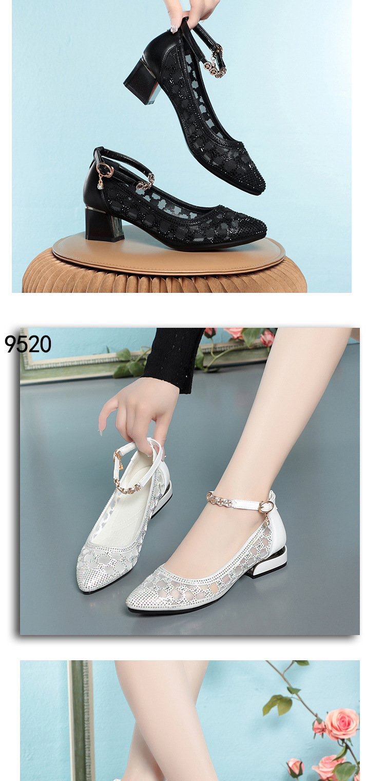 Sandal nữ quai chữ V lưới da thật đế bệt mềm mại — Đen【Gót trung 4.0CM】 chi tiết 9