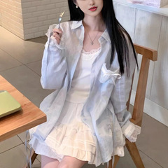 レースステッチデザインブルー甘い日焼け止めシャツ女性のための夏の薄いアイスシルクルーズシャツジャケット女性のための