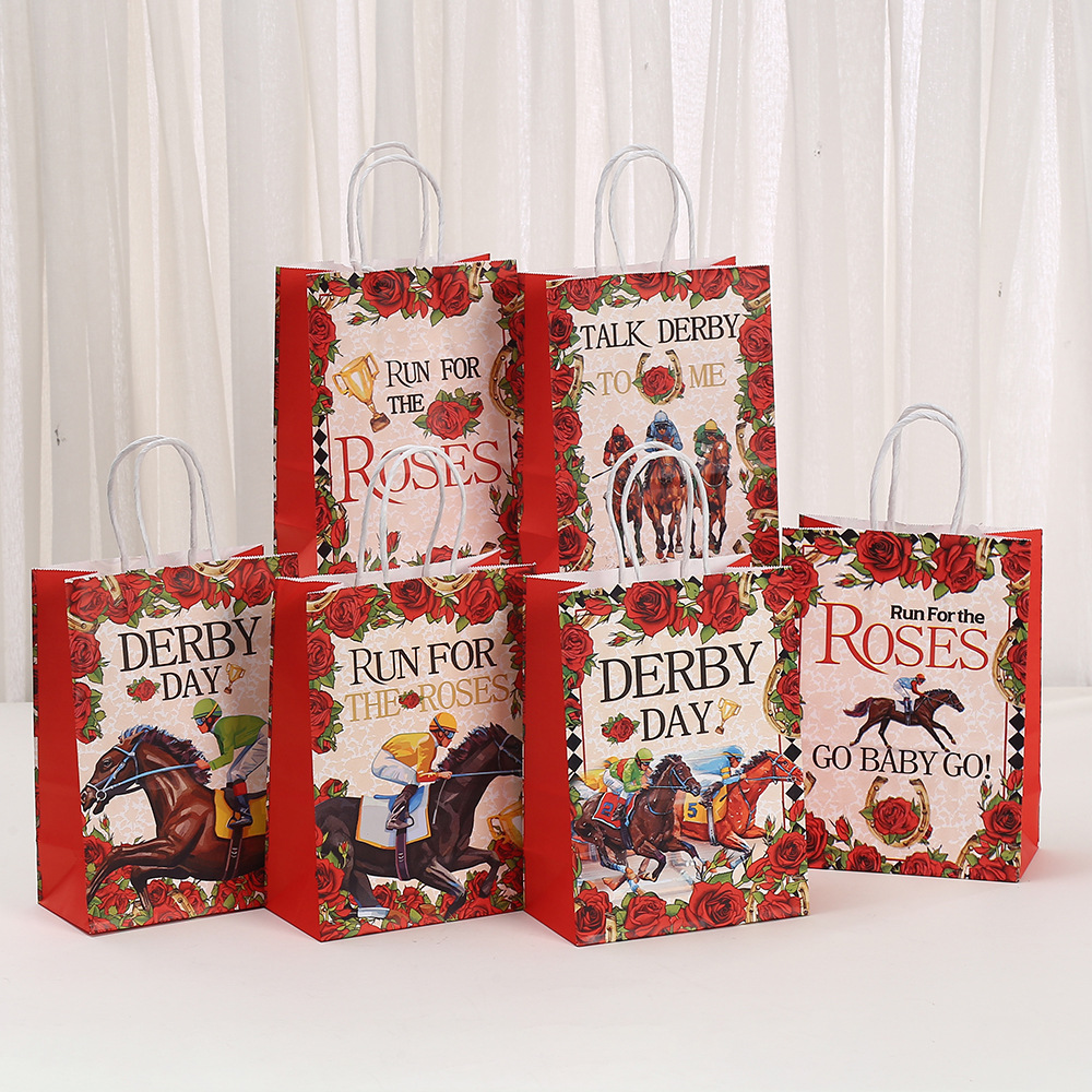 卡通手提袋印花牛皮纸购物袋批发礼品袋外卖袋玫瑰赛马节包装袋