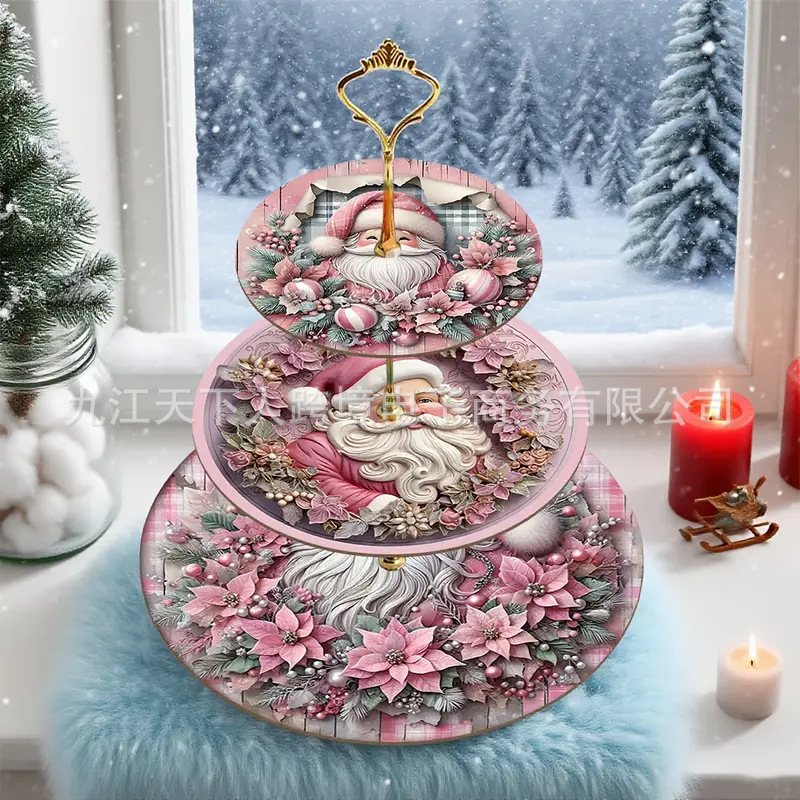 Cross-Border Hot-Selling Wooden Three-Layer Pink Santa Claus Cake Stand Temu Hot-Selling Living Room Home Decoration Tray