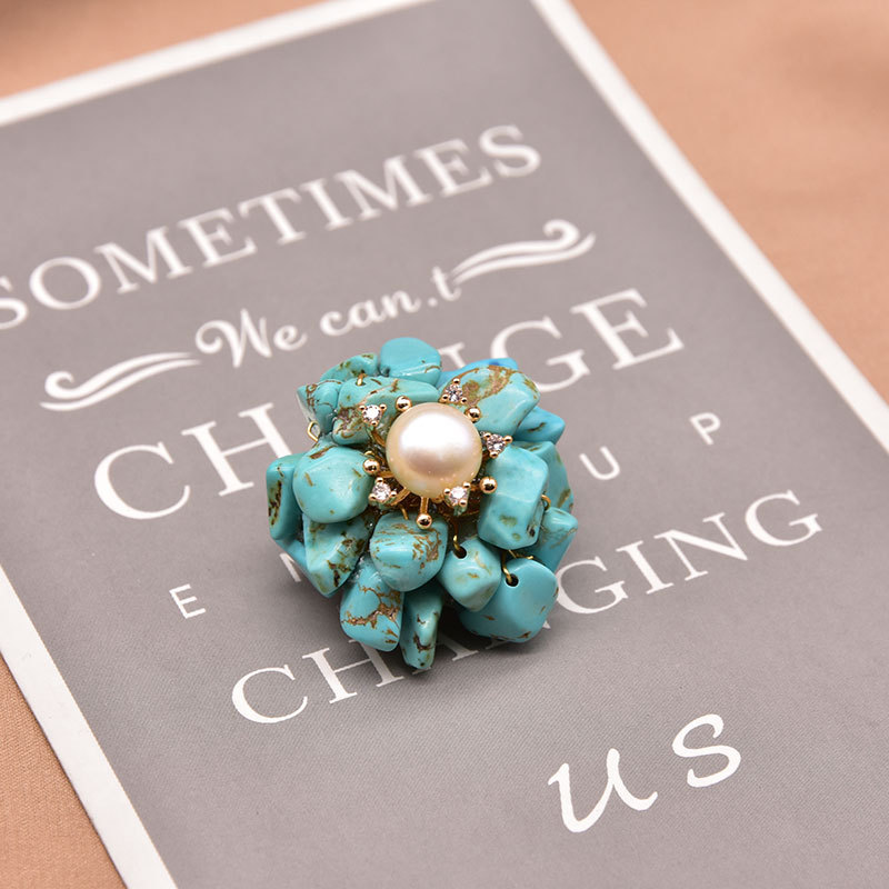 Natural perla broche imitación turquesa vintage ramillete creativo hecho a mano de alta gama pin temperamento joyería regalo al por mayor