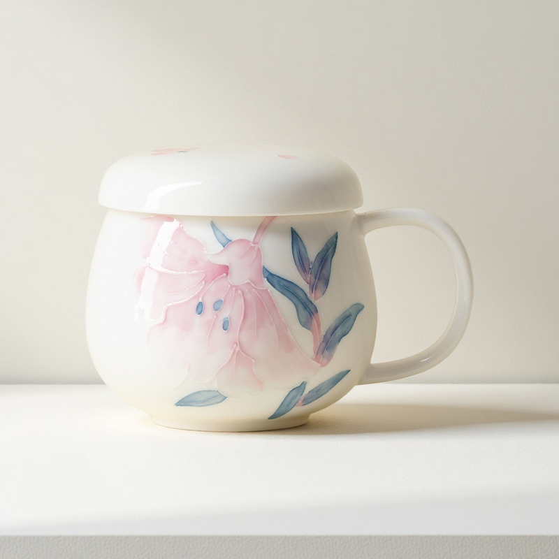 墨己有田烧百合花马克杯带盖办公室茶杯陶瓷个人泡茶杯茶水分离杯|undefined