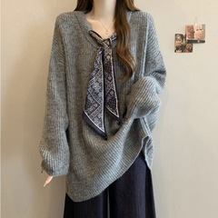 大码女装秋冬新款加厚针织衫复古慵懒风宽松显瘦遮肉毛衣休闲上衣