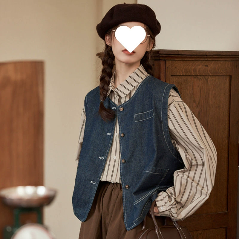 Женский джинсовый жилет в японском ретро стиле, весна 2025, новая верхняя одежда, многослойная подкладка