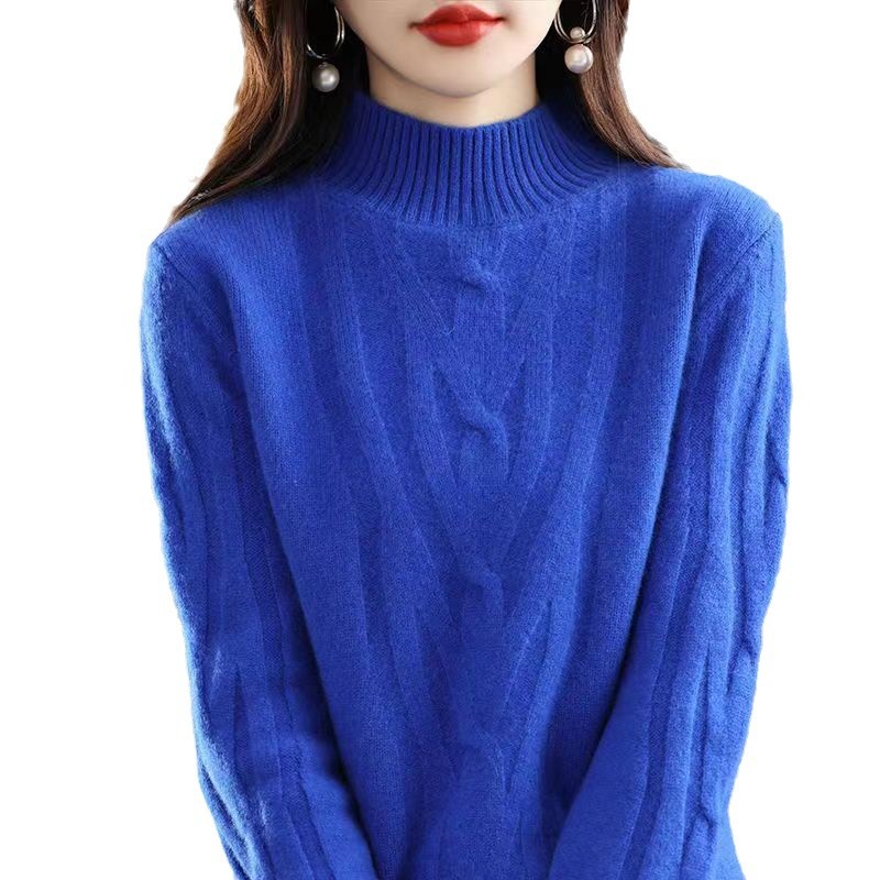 2024 otoño y invierno nuevo cómodo casual camiseta de punto de cuello medio alto de mujer torsión fondo suéter de punto suelto al por mayor