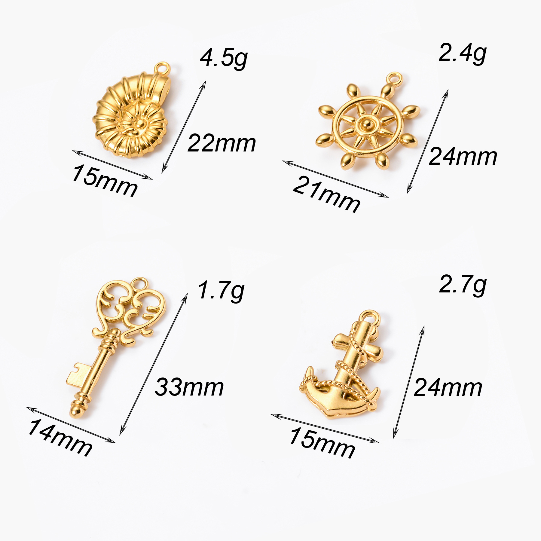 26g Weight PVD Coated Gold Plating Process Pendant Jewelry Making Type 5 PCS/Package 14*33mm 15 * 22mm 21 * 24mm 304 Stainless Steel Conch Anchor Key Pendant