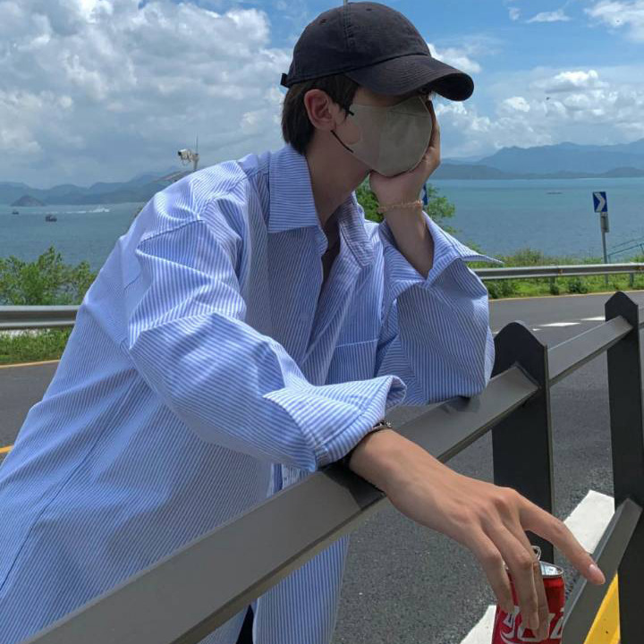 American Style Retro Blue Vertical Stripe Shirt Men's Long-sleeved Spring and Summer Loose Draped High-end Couples Shirt Jacket