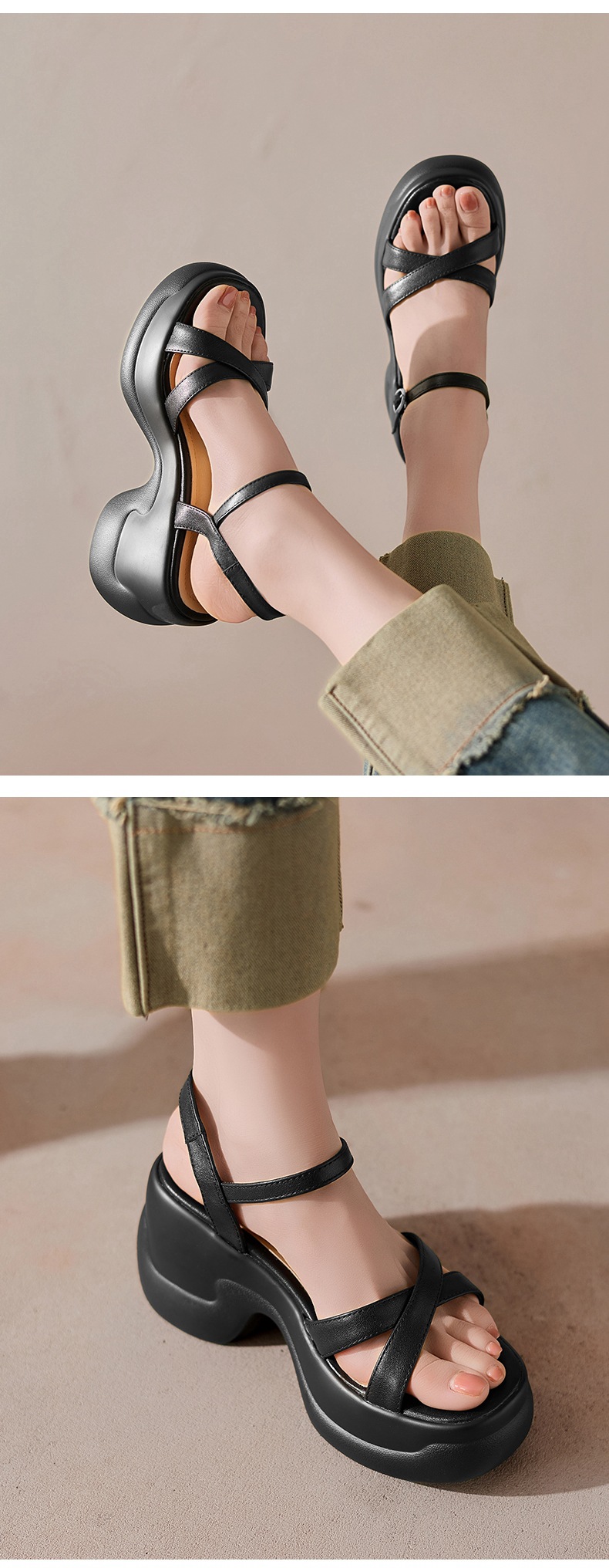 Sandal cao gót nữ hở mũi đế xuồng da bò, quai ngang đi làm — đen chi tiết 6