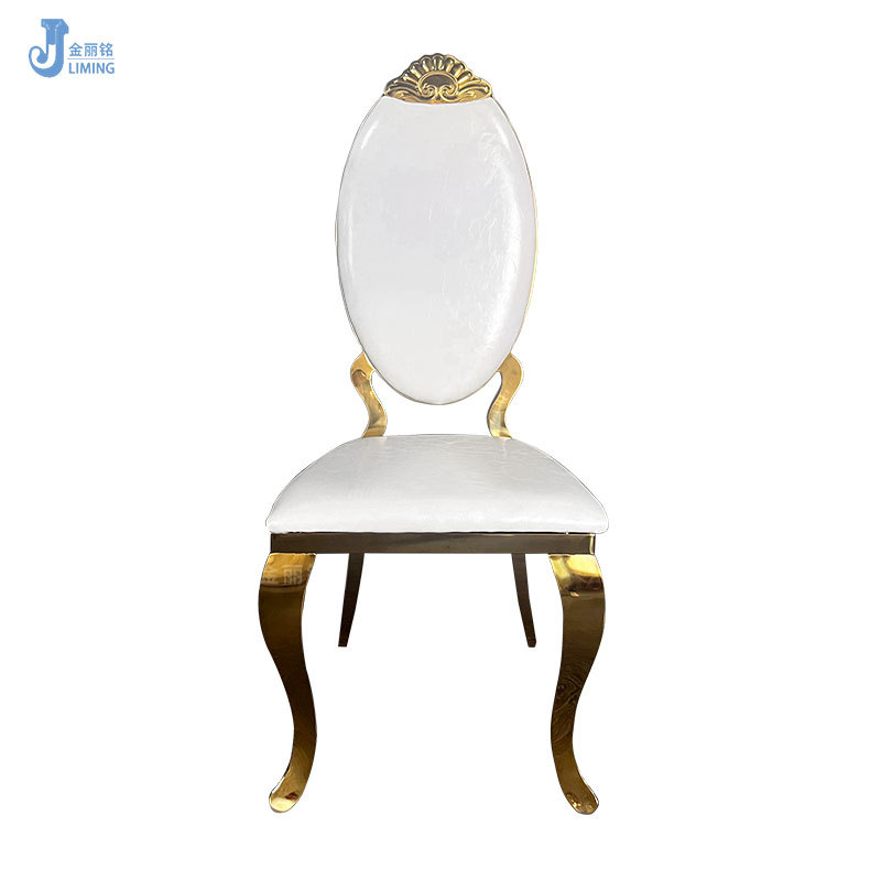 Silla de comedor de acero inoxidable de lujo ligero de moda Silla de comedor de cuero blanco de metal para el hogar Silla de comedor de hotel sala de banquetes tocado de acero inoxidable dorado Silla de flores
