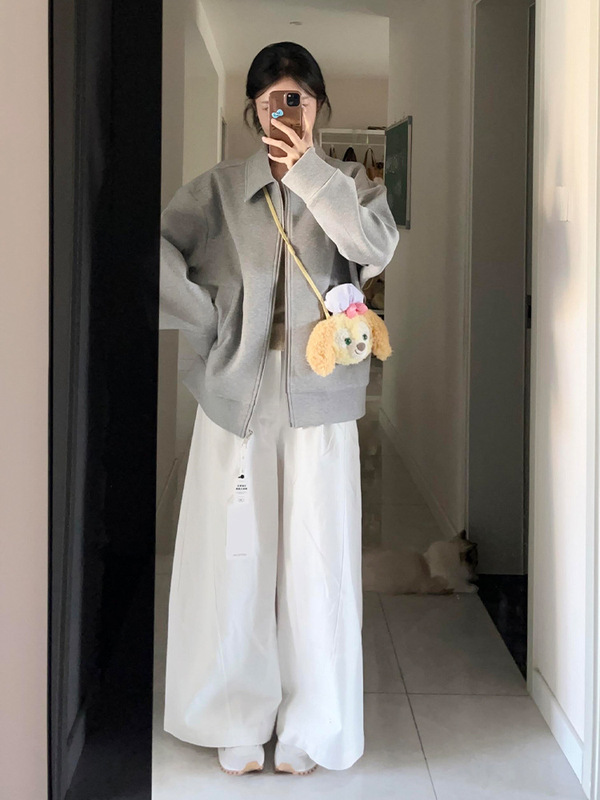灰色翻领卫衣外套女款春秋季2025新款韩系宽松棒球服独特休闲上衣|undefined