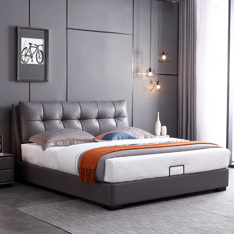 Nueva cama de cuero real de 1.8m cama de matrimonio doble simple moderna muebles de dormitorio principal cama de borde de cama de cuero nórdica cama suave image 2