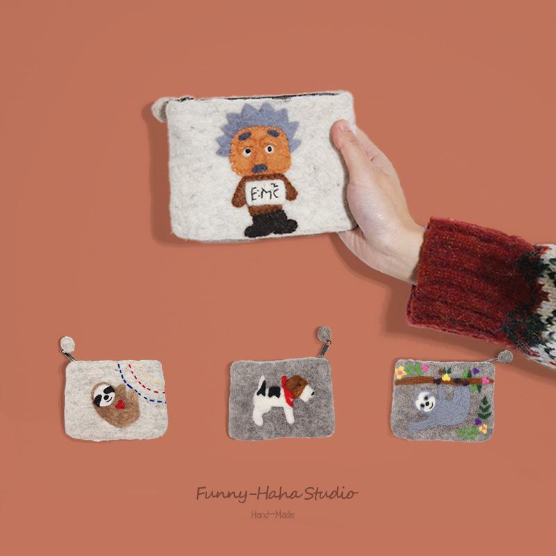 手工羊毛毡零钱包可爱动物爱因斯坦造型硬币包手拿包森女风