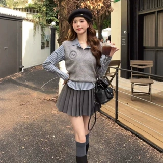 美拉蓝搭配一整套盐系小个子蓝色条纹衬衫马甲衬衣两件套装女秋季