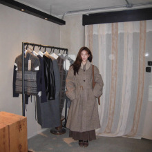 陆续 韩国设计师ve*so可拆卸毛领粗花呢羊毛大衣韩系女装杂色外套