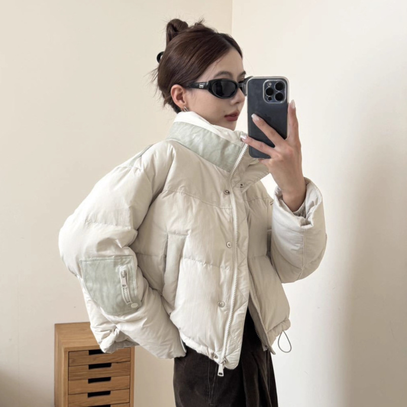 PU皮拼短款轻薄羽绒服女2025新款立领韩版时尚保暖90白鸭绒外套潮|undefined