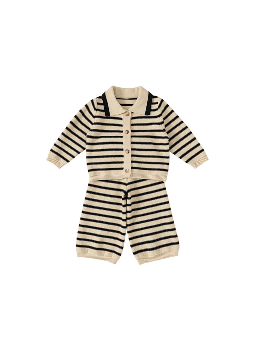 Conjunto de ropa infantil Bangxuan para primavera y otoño, conjunto de tres piezas de punto a rayas para niñas con cuello, suéter para bebé, ropa moderna para niños pequeños.