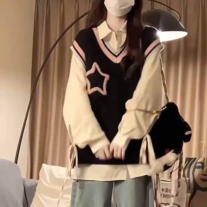两件套装/秋冬新款学院风星星拼色毛衣针织马甲背心女衬衫叠穿潮