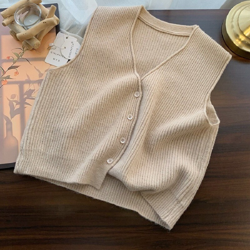 针织马甲新款学院风女春秋坎肩叠穿纯色洋气时髦无袖外穿毛衣背心|undefined