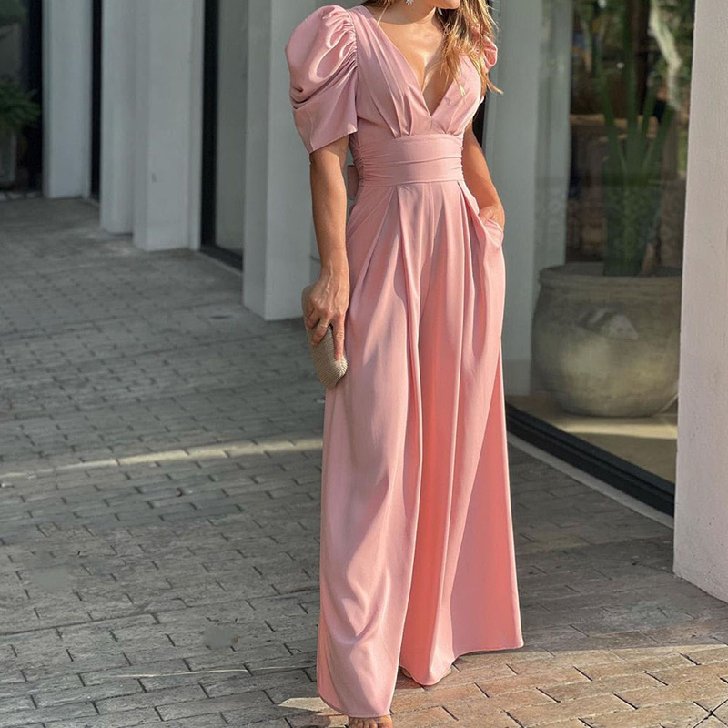 Comercio exterior transfronterizo Amazon 2025 nuevo mono europeo y americano de manga corta para mujer, elegante, informal y de pierna ancha.