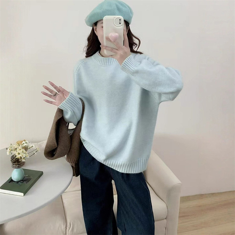 日系复古软糯圆领套头毛衣女穿搭秋冬新款宽松慵懒风针织衫上衣女|undefined