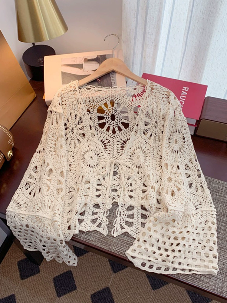 Summer thin knitted sweater, beach long-sleeve, jacket, with embroidery