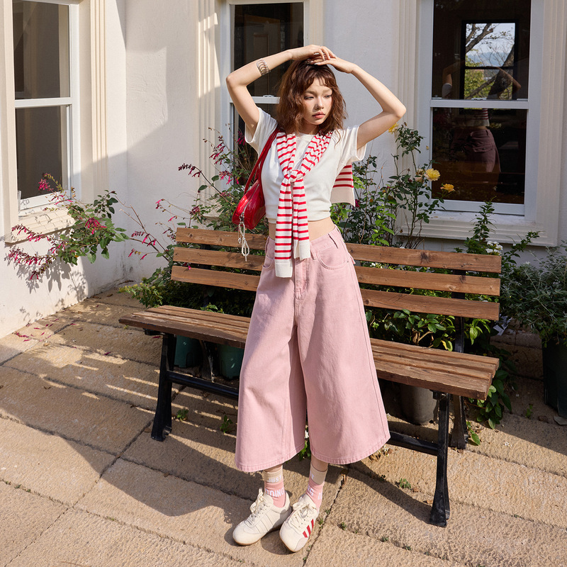 【Jin Yin】Spring and Summer New Korean Style High-Waisted Drapey Cropped Pants Versatile Straight Wide-Leg Jeans for Women in Pink 【Jin Yin】Spring and Summer New Korean Style High-Waisted Drapey Cropped Pants Versatile Straight Wide-Leg Jeans for Women in Pink