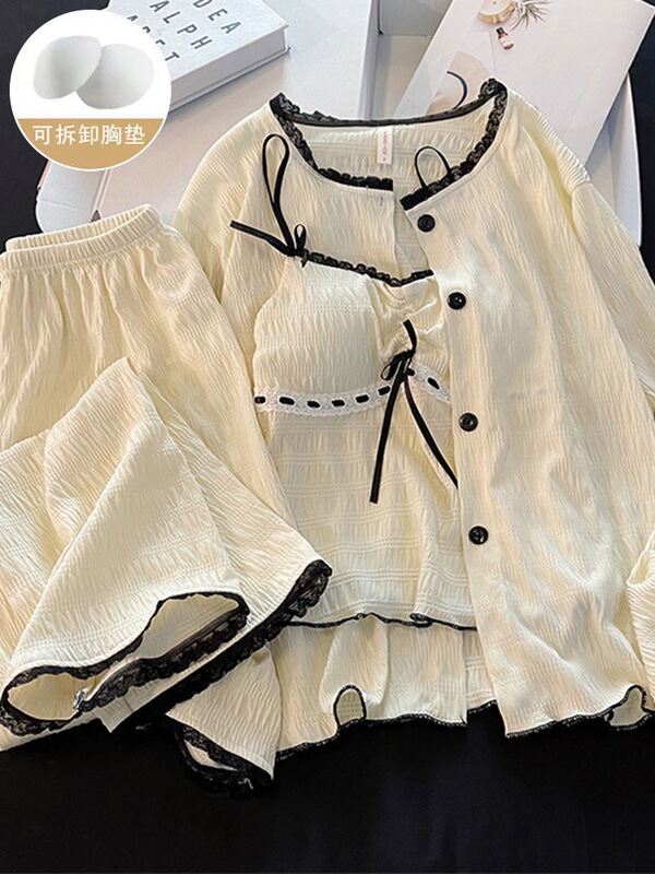 Korean Style Pajamas for Women, Spring and Autumn, Cotton with Chest Pads, Suspenders, Apricot Color, Bow, Long-Sleeved Home Wear Three-Piece Set Korean Style Pajamas for Women, Spring and Autumn, Cotton with Chest Pads, Suspenders, Apricot Color, Bow, Long-Sleeved Home Wear Three-Piece Set