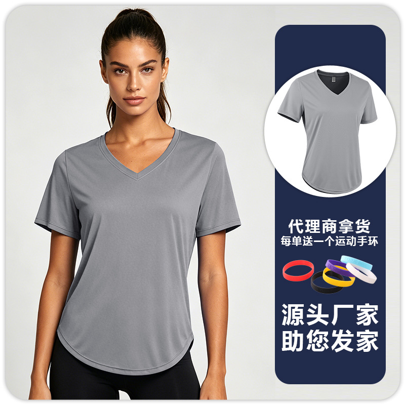 T-shirt de yoga de acondicionamiento físico para mujeres, protector solar, absorción de humedad, sudor, secado rápido, transpiración, correr, cuello en V, mangas cortas