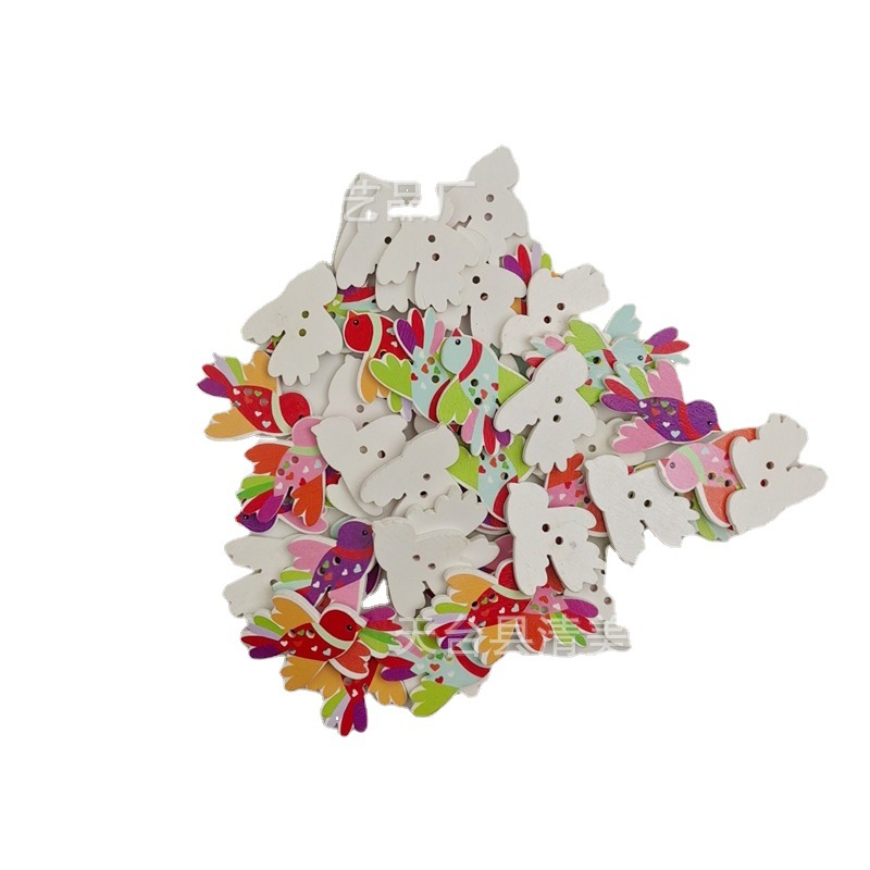 35*28mm accesorios de ropa botones de madera dibujos animados color madera amor pájaro material de bricolaje 50 por paquete