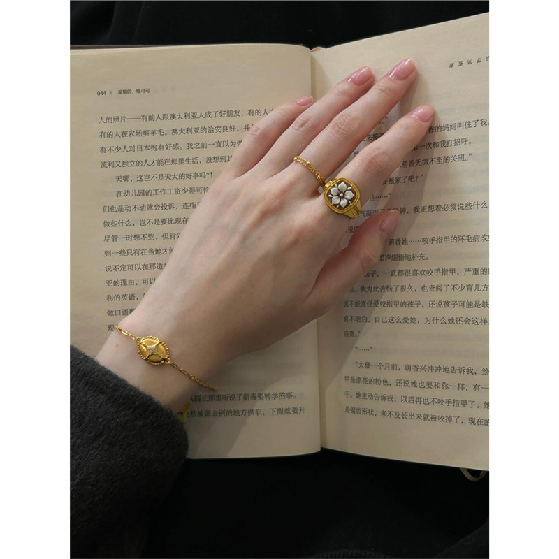 中古贝雕花朵小方块戒指复古vintage金色素圈 叠戴食指戒小众设计|undefined