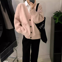 秋冬女装新款宽松慵懒软糯毛衣外套女温柔风纯色v领女式针织开衫