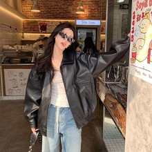 感新款复古机车黑色美式皮皮夹克皮衣宽松外套女秋冬秋气质
