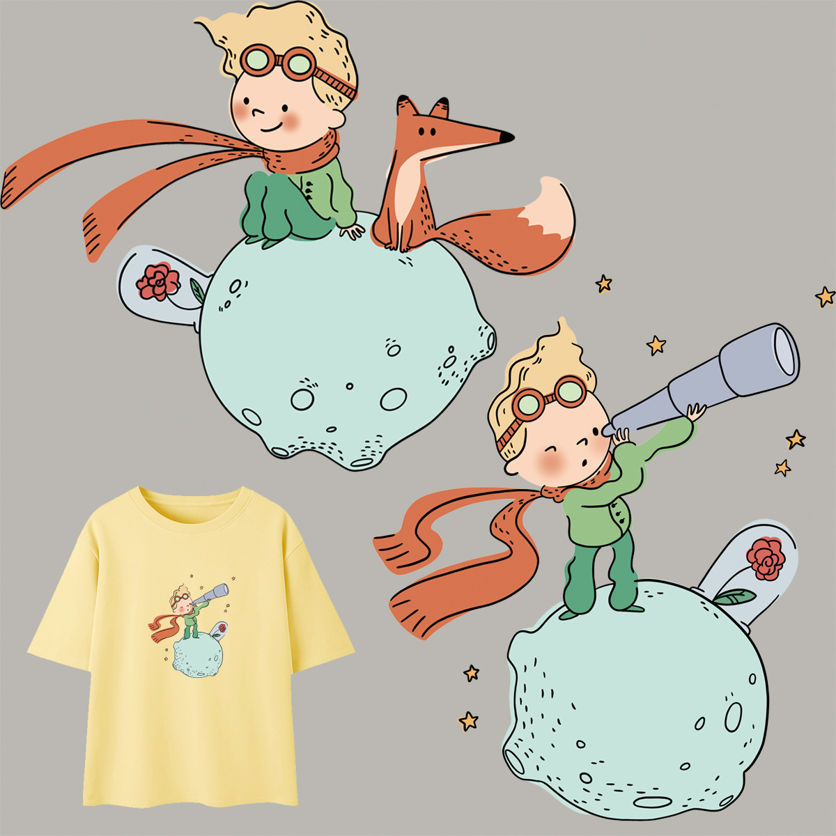 卡通围巾小人和狐狸热转印服装印花贴成人儿童t恤包包烫画