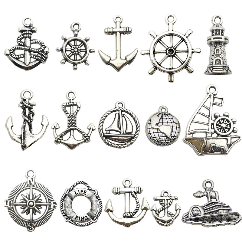 DIY Jewelry Accessories Retro Nautical Ship Steering Wheel Earth Map Anchor Small Pendant Handmade Key Necklace Pendant