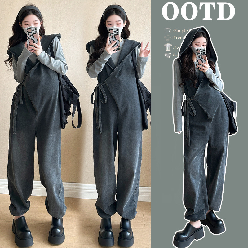 Maternity Wear Spring New Style Loose Fashion Hooded Overalls Casual Slimming Denim Trendy Mom Jumpsuit Set