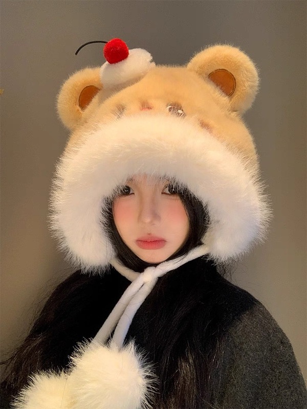 蛋糕小熊帽子围巾一体女2025年冬季防寒显脸小护耳雷锋帽潮流爆款|undefined