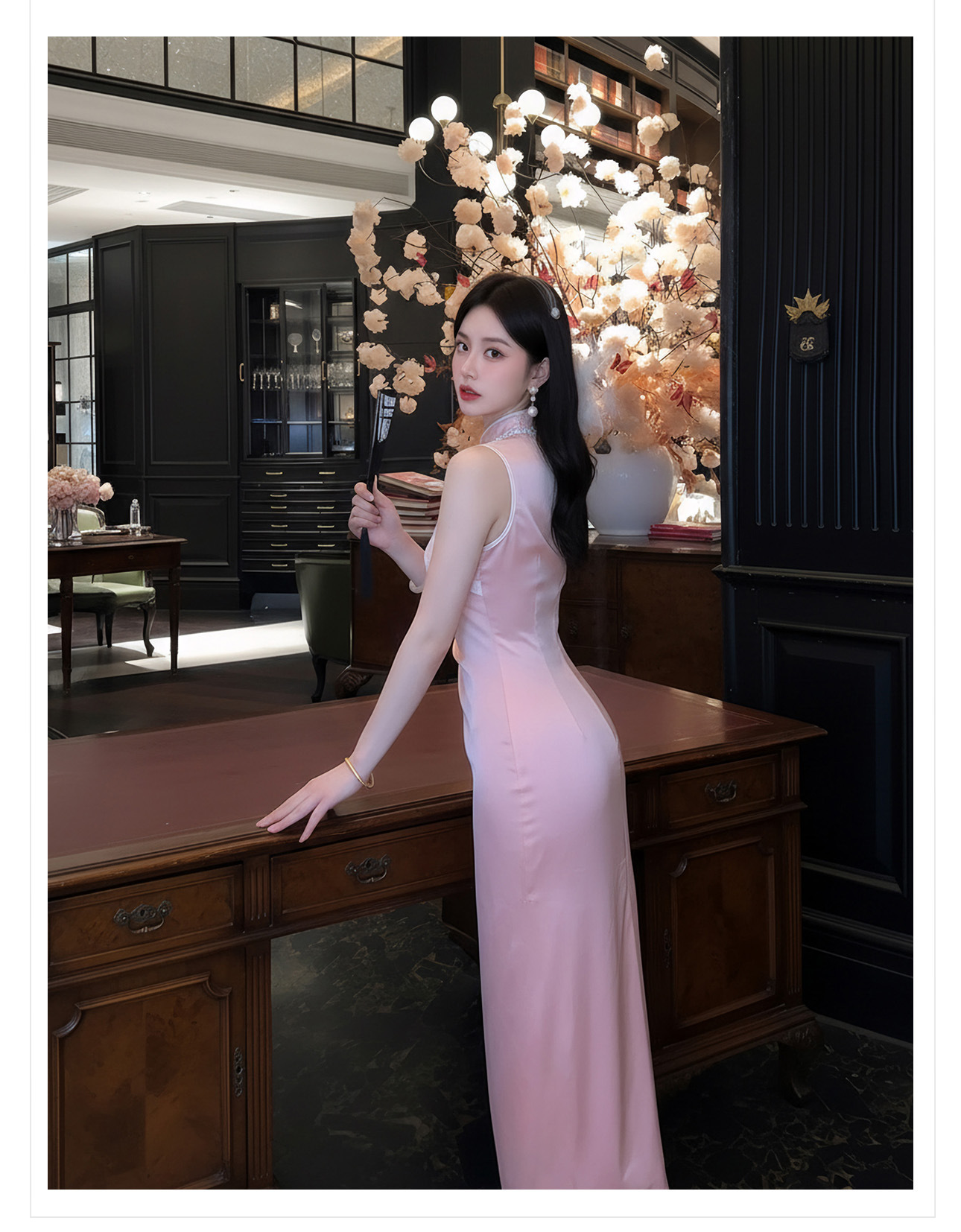 Đầm maxi nữ thắt eo cổ đứng thêu hoa phong cách Trung Hoa mùa hè — màu hồng chi tiết 16