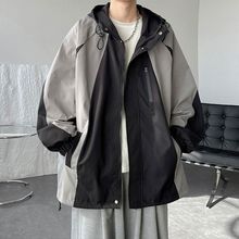 新款防风防水连帽拼接冲锋衣外套男春秋款宽松大码夹克男装