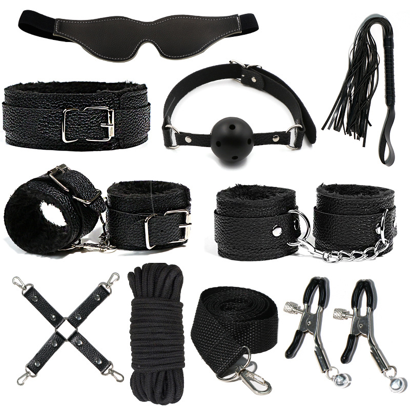 Juego de accesorios Jiuai SM incluido con esposas, látigo de cuero, tapón anal, suministros divertidos para habitaciones de parejas adultas, herramientas de juego sexual